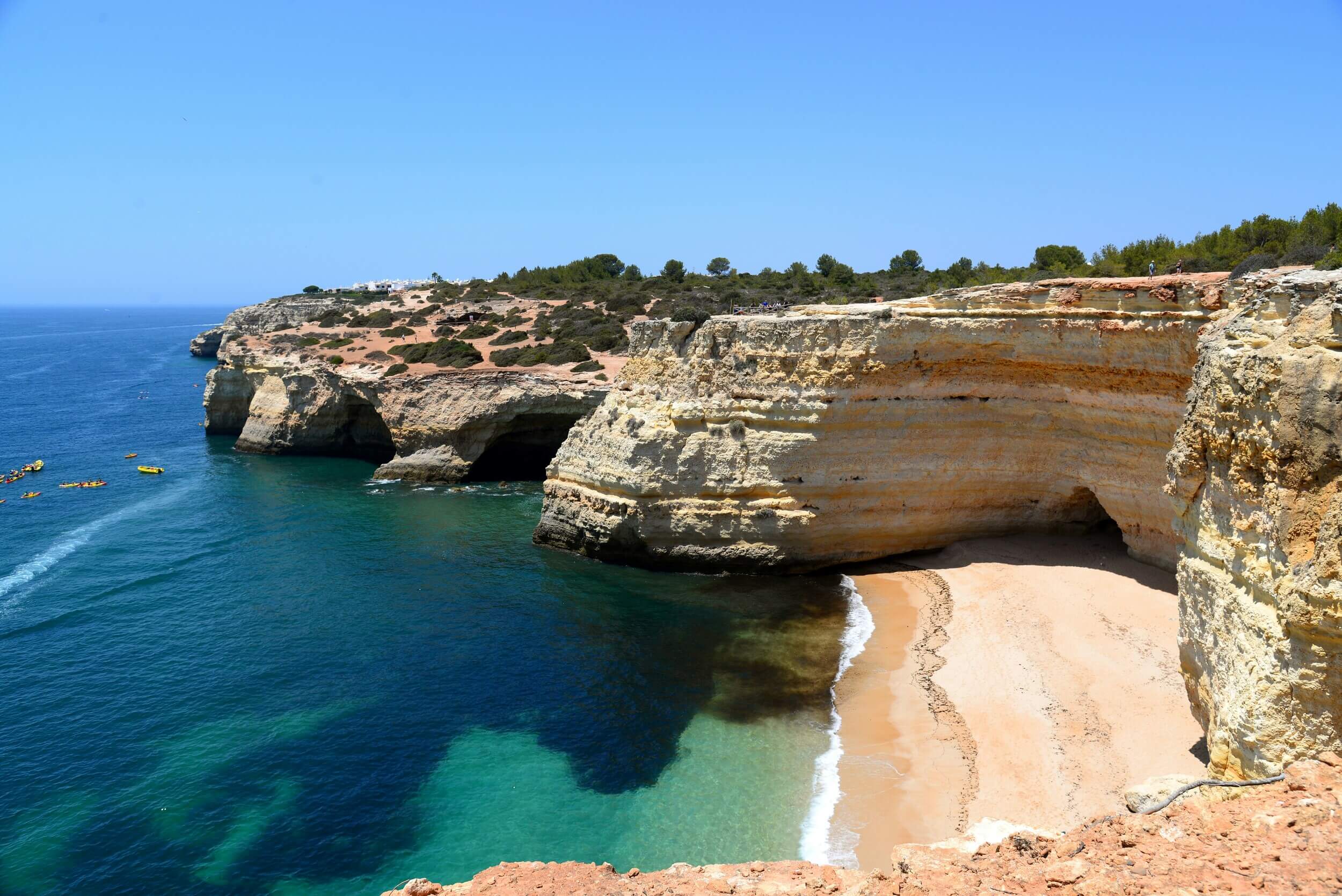 Scenic Algarve coastline with blue sky, sea, and golden cliffs